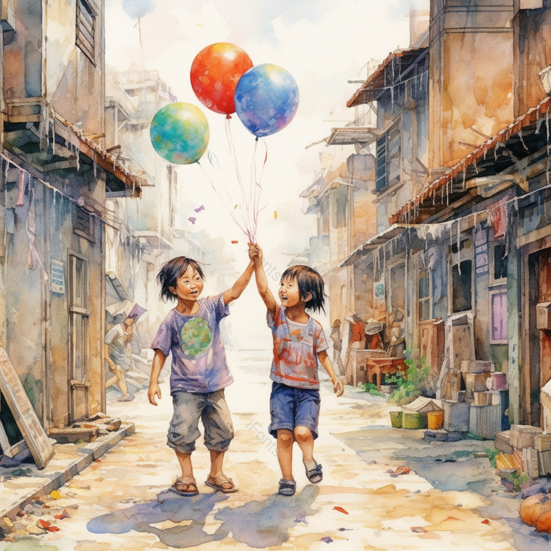 两个小孩街头玩耍嬉戏一起抓着气球回家可爱插画,插画/手绘图,插画/手绘图库,插画/手绘图下载,插画/手绘